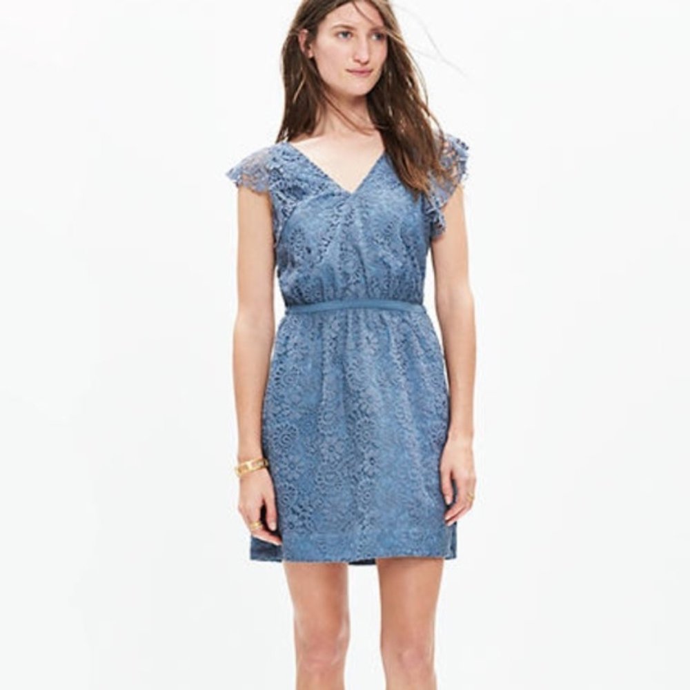 Madewell Blue Lace Flutter Sleeve Dress Size 2 EUC - Picture 2 of 15